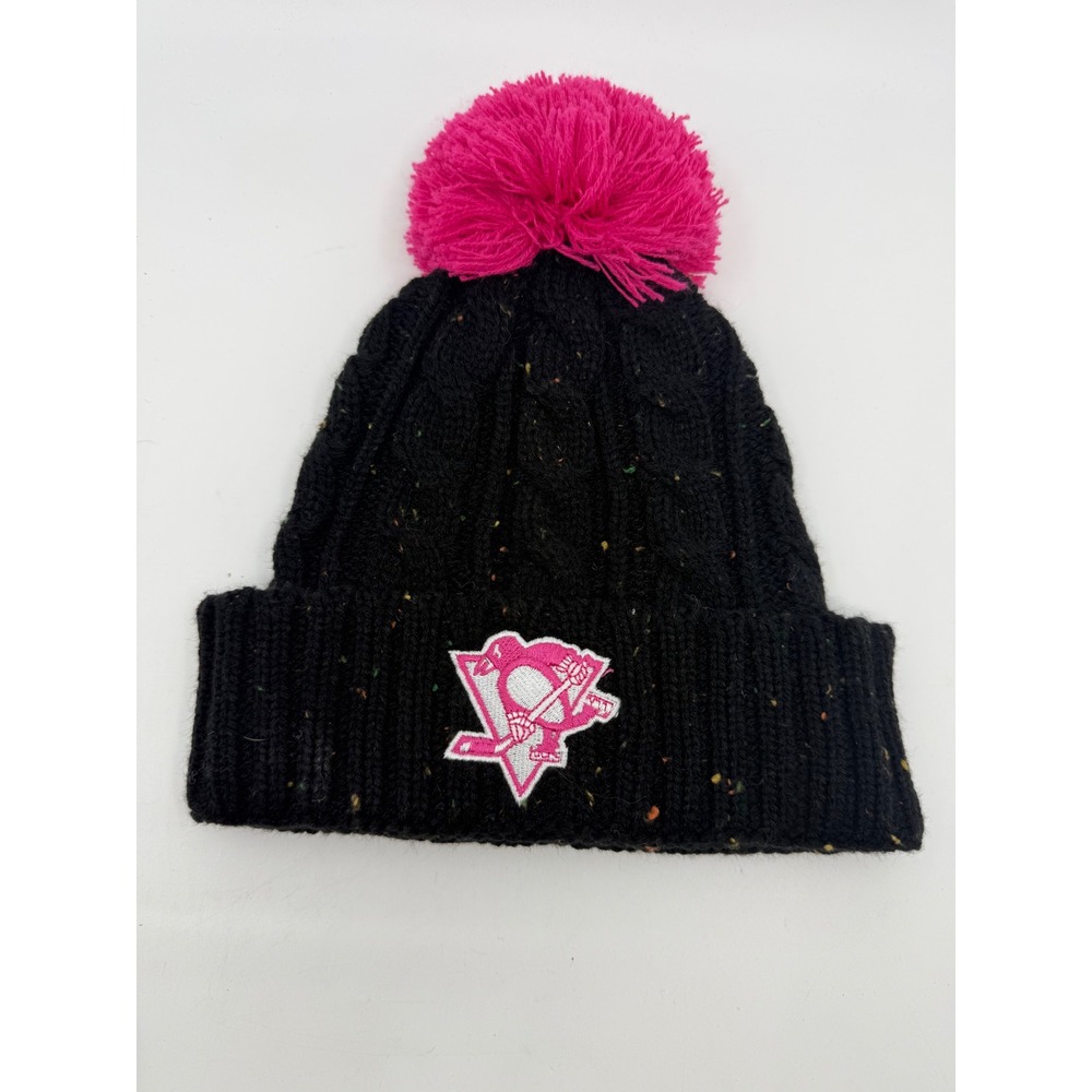 NHL Pittsburgh Penguins Girls Black Pink Cable Knit Pom Beanie Hat One Size Kid